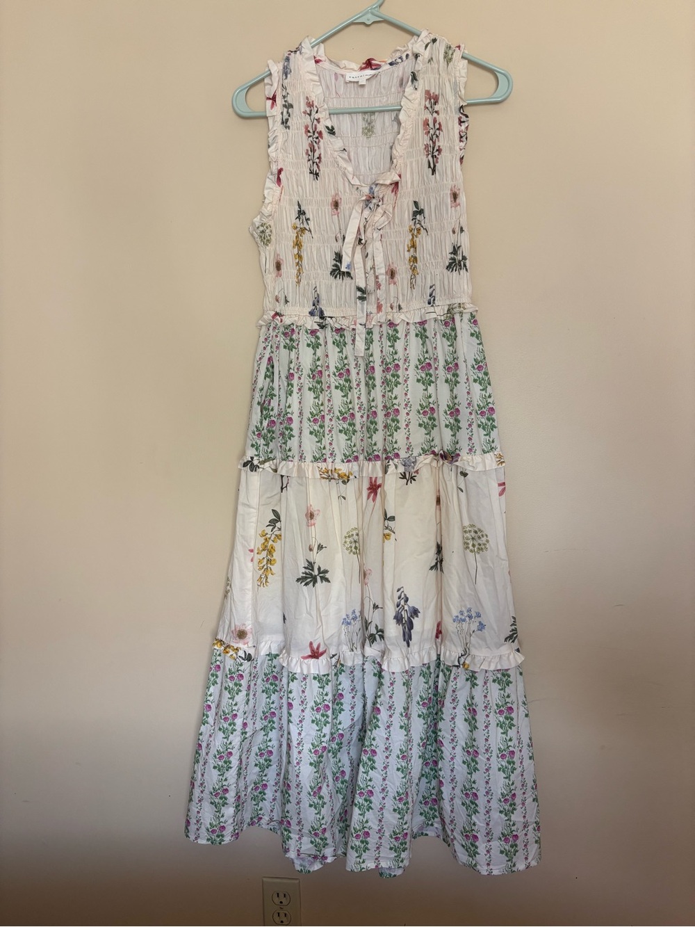 entro White Floral Tiered Maxi Dress with Tie Neck